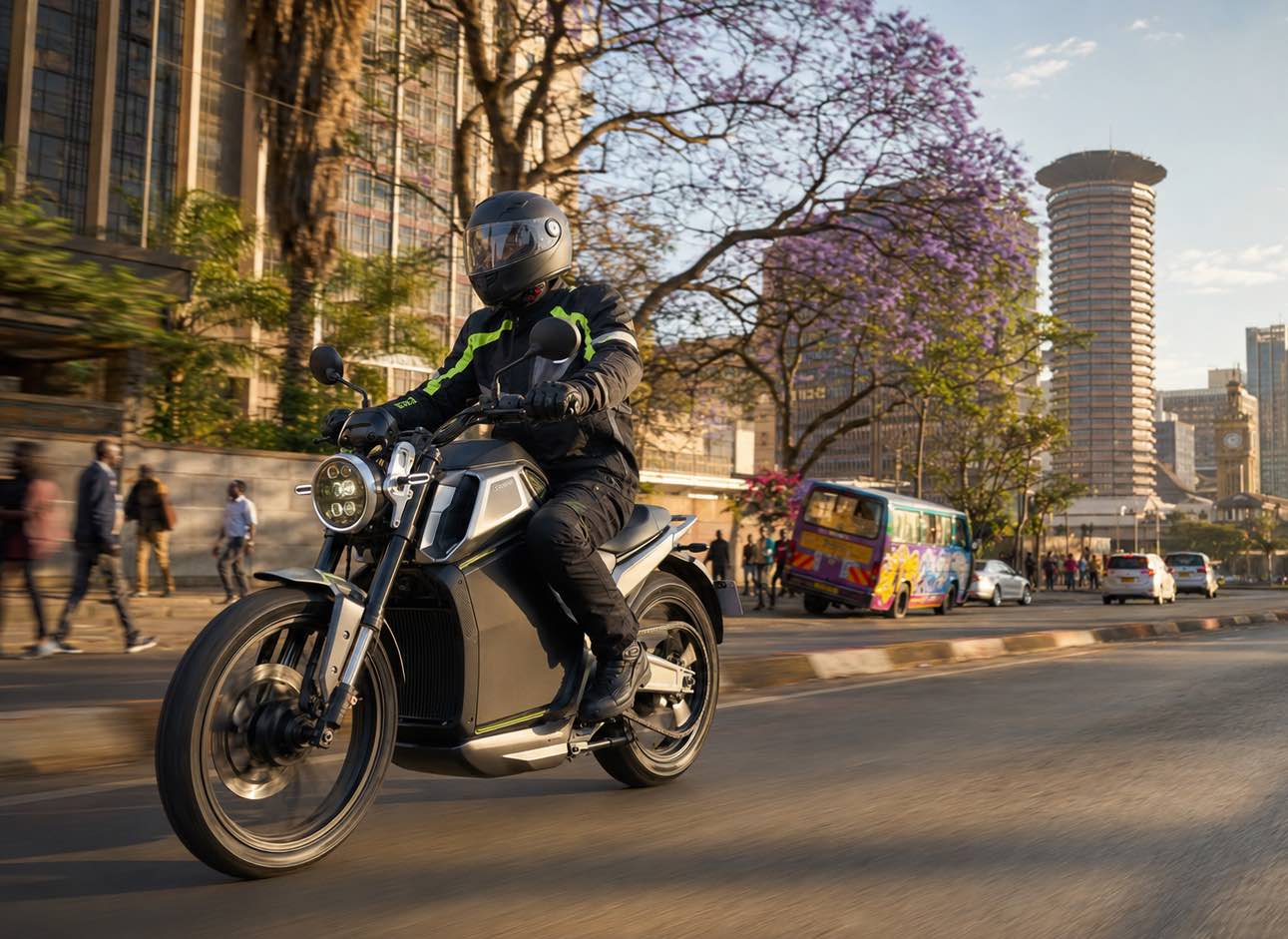 Electric motorcycle moving through Nairobi